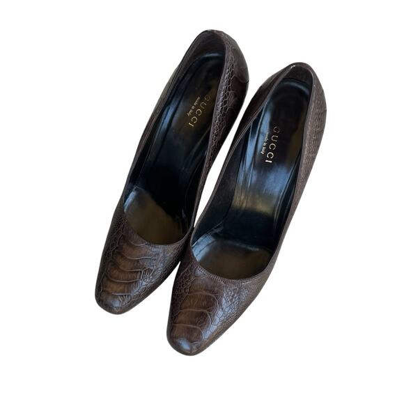 Gucci Leather Crocodile Embossed Thick Heel Pumps Cocoa Timeless Classic 8.5 - Picture 6 of 14